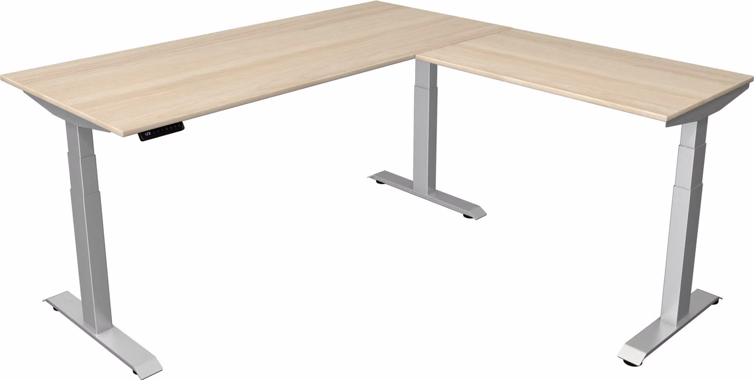 Combinazione angolare Move 4, regolabile elettricamente in altezza, colore telaio:argento, dimensioni combinazione angolare:180 x 180 cm, colore piano tavolo:acero