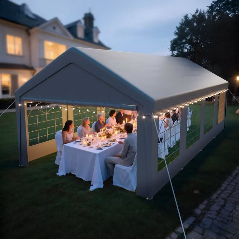 Gazebo 4x8 metri, grigio, con 2 pareti laterali e 2 elementi per il tetto a falda, resistente ai raggi UV, impermeabile, struttura in acciaio, telo in polietilene