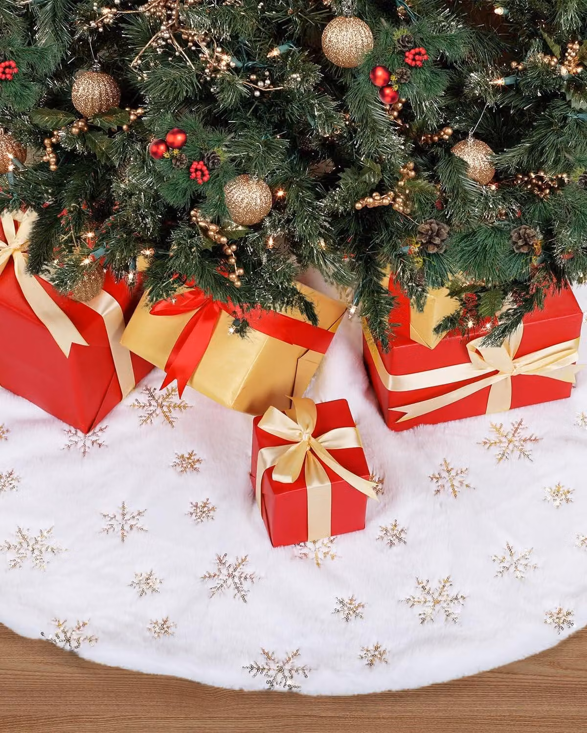 Copri albero di Natale con fiocchi di neve dorati, 120 cm