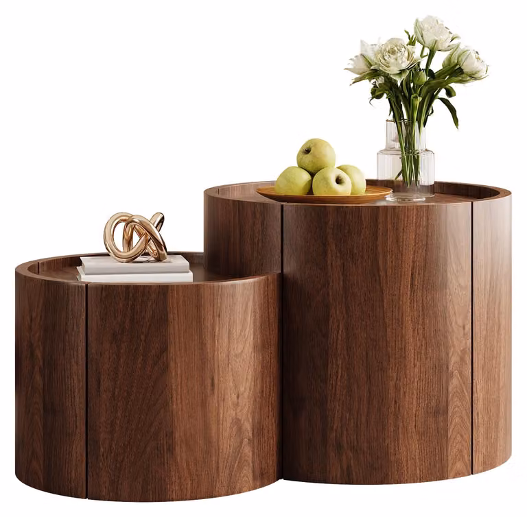 Tavolino Moonbite con spazio contenitivo, diametro 77,5 cm, tavolino rotondo per il soggiorno, con cassetti e ante curve, più ripiani, realizzato in pannello di particelle, finitura noce