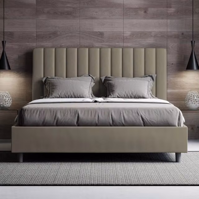 Letto imbottito Letto Matrimoniale alla Francese 150x200 cm Agueda - Similpelle,Cappuccino,Con rete