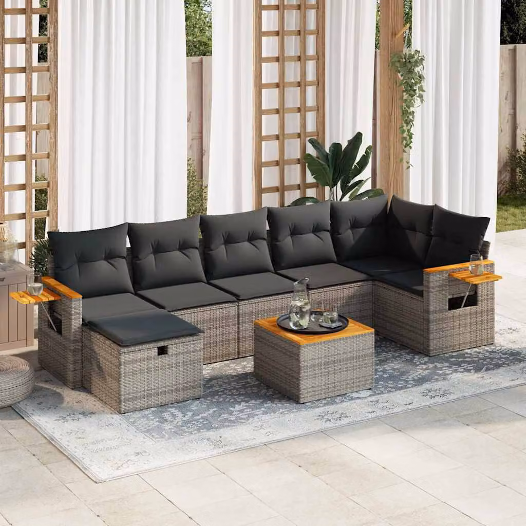 Set Divano da Giardino a L vidaXL 8 pz con Cuscini Grigio in Polyrattan e Struttura in Metallo