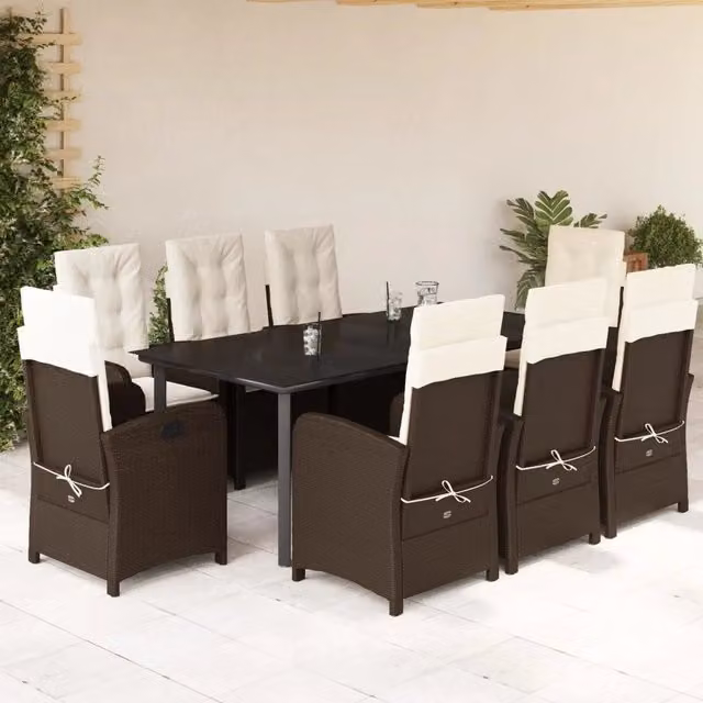 Set da pranzo da giardino vidaXL in polyrattan marrone con 9 pezzi e piano in vetro – 1