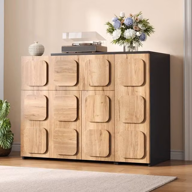 Sideboard in legno modulare con ante, cassetti e vani aperti, sistema Push-to-Open, finitura moderna, per soggiorno, sala da pranzo e ufficio