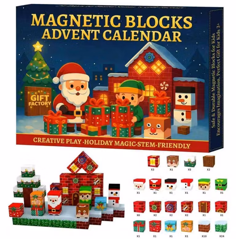 Calendario dell'Avvento 2026 con costruzioni magnetiche – 24 giorni – Fabbrica di regali di Babbo Natale e albero di Natale – Giocattolo STEM per bambini