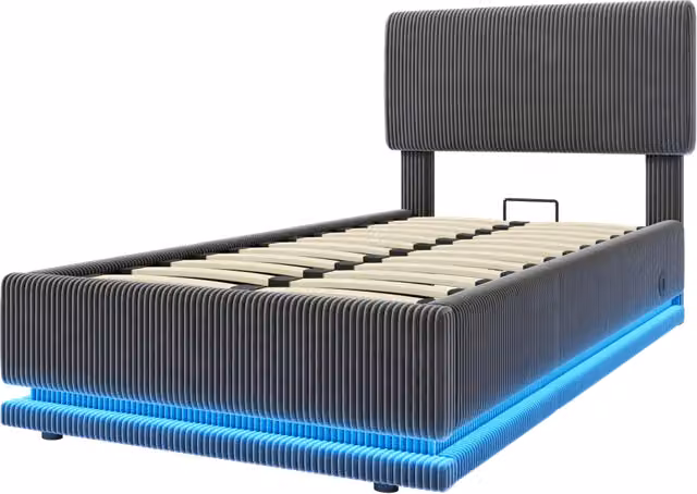 Letto imbottito grigio 90x200 cm con illuminazione LED, USB-C, testiera regolabile, tessuto a coste e ampio contenitore