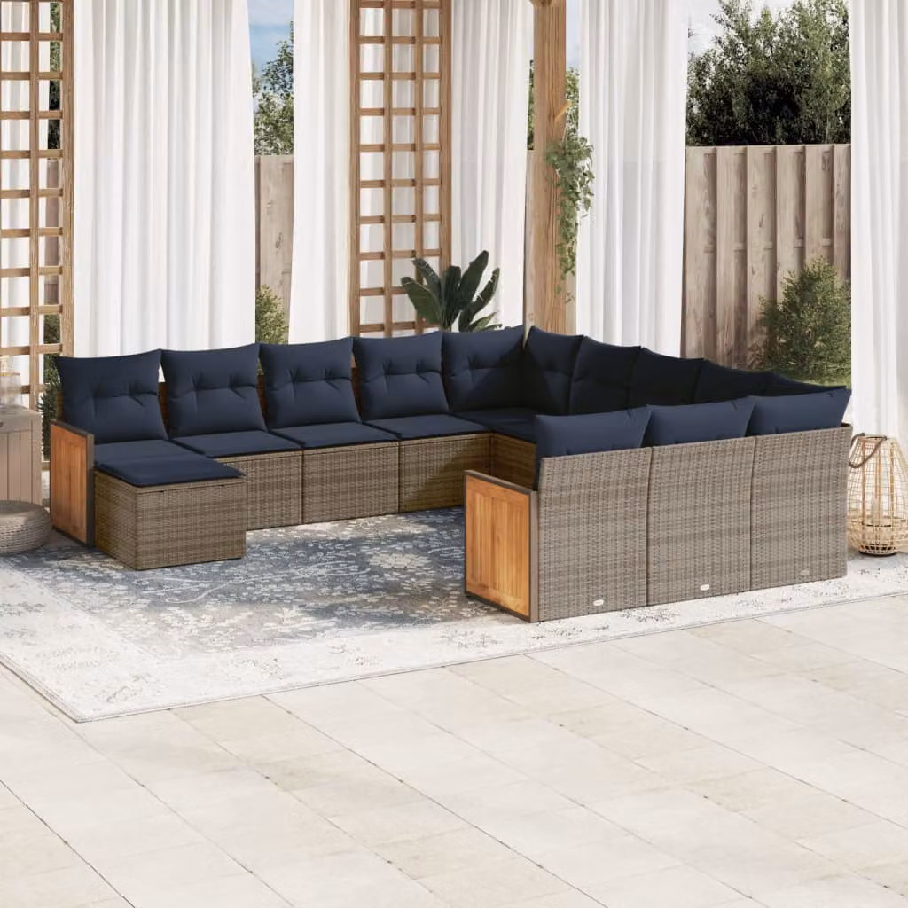 Set di divani da giardino vidaXL in polyrattan grigio con cuscini, componibile a forma di U per esterno