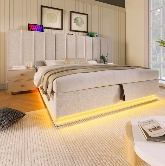 Letto matrimoniale imbottito ULEVR 180x200 cm con contenitore idraulico, LED, 3 USB e Type-C, lino beige