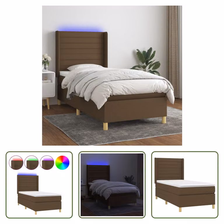 The Living Store Letto a molle con materasso e LED in tessuto marrone scuro 90x190 cm