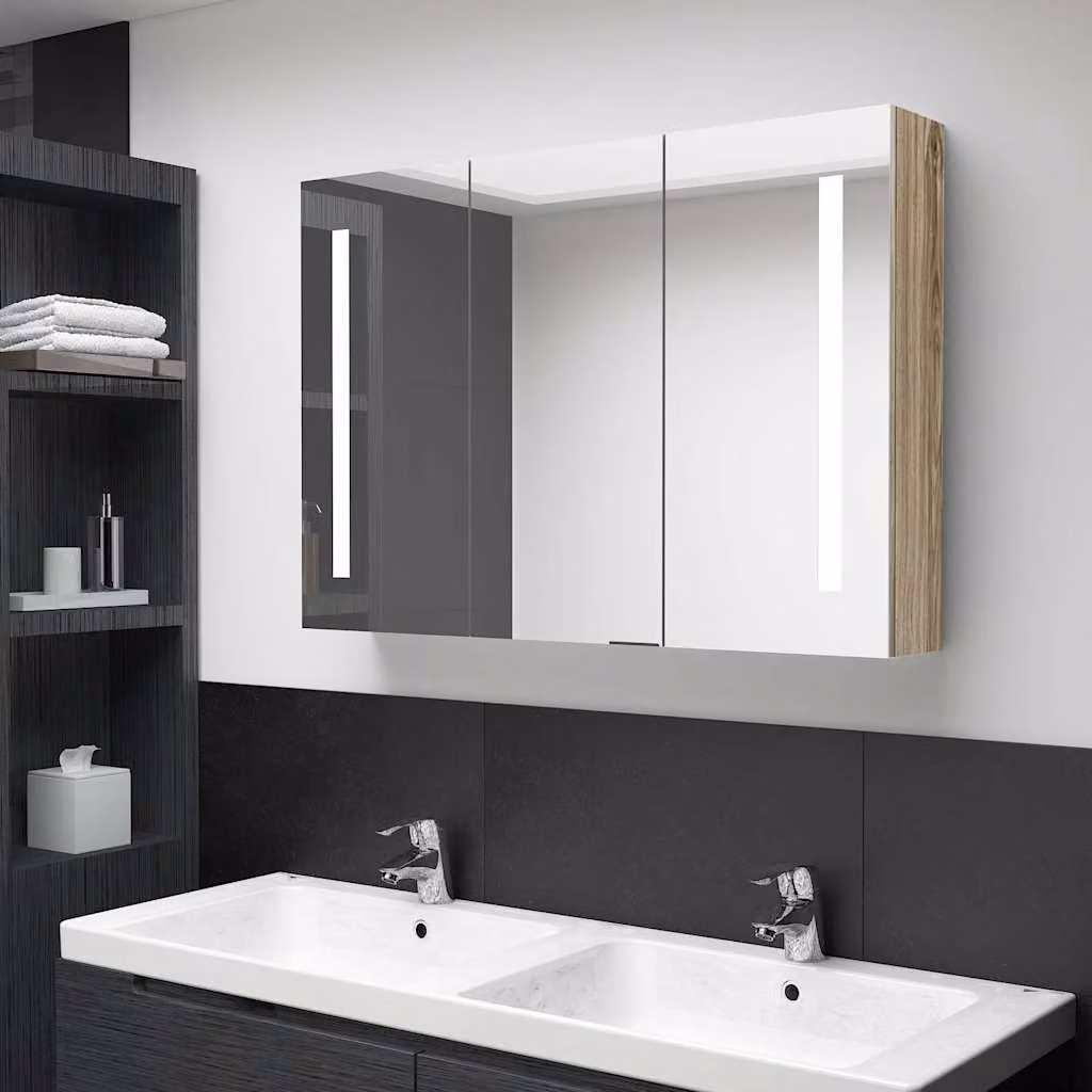 Armadietto da bagno con specchio e illuminazione LED vidaXL in rovere, L 89 x P 14 x H 62 cm – 1