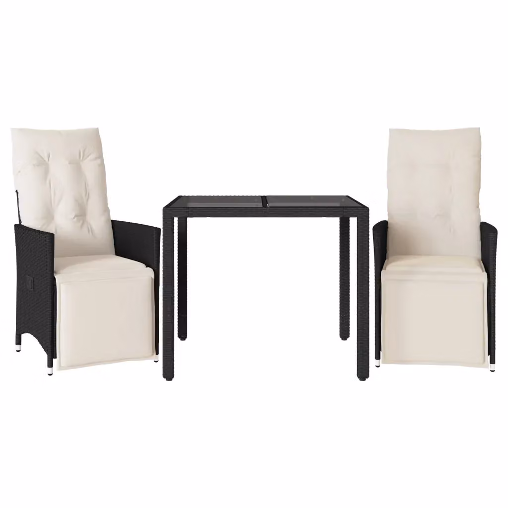 Set da Bistrò 3 pz vidaXL in Polyrattan Nero con Cuscini e Piano in Vetro – 2