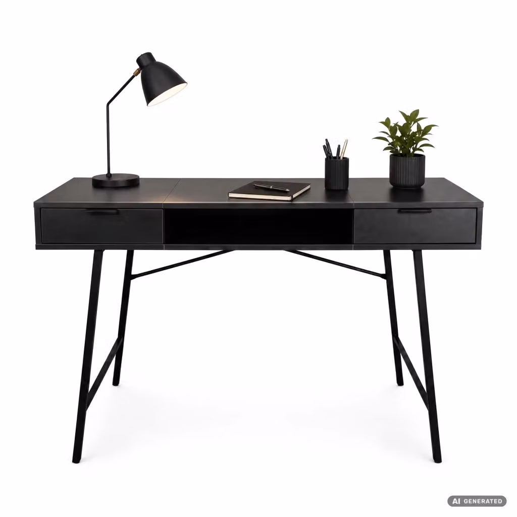 Scrivania da computer in stile industriale AKORD FURNITURE FACTORY nera con piano in MDF laminato opaco L: 120 cm – 2