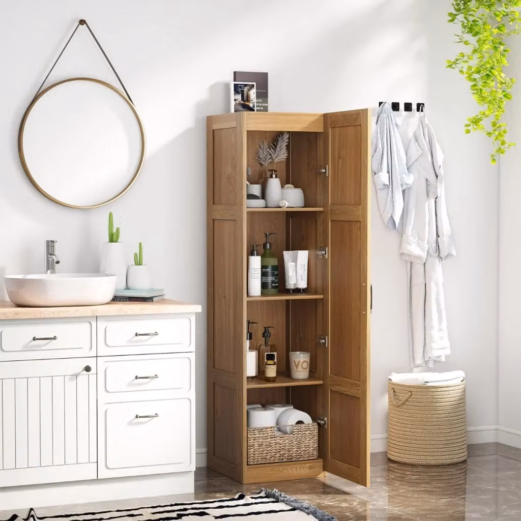 Credenza minimalista con 4 ripiani e ante a battente per cucina, soggiorno o bagno, finitura opaca beige o marrone, L: 150 cm, P: 40 cm, H: 37,5 cm – 2