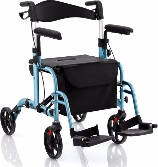 Deambulatore 2-in-1 con ausilio per camminare pieghevole e sedile grande-Deambulatore porta ombrello e borsa per persone con disabilit¨¤ Blu