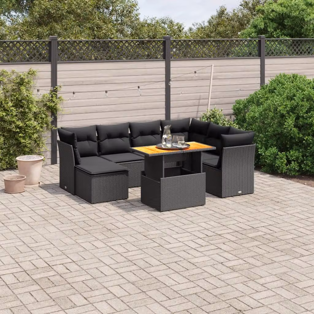 vidaXL Set Divani da Giardino a L in Polyrattan Nero con 8 Pezzi e Cuscini Imbottiti – 1