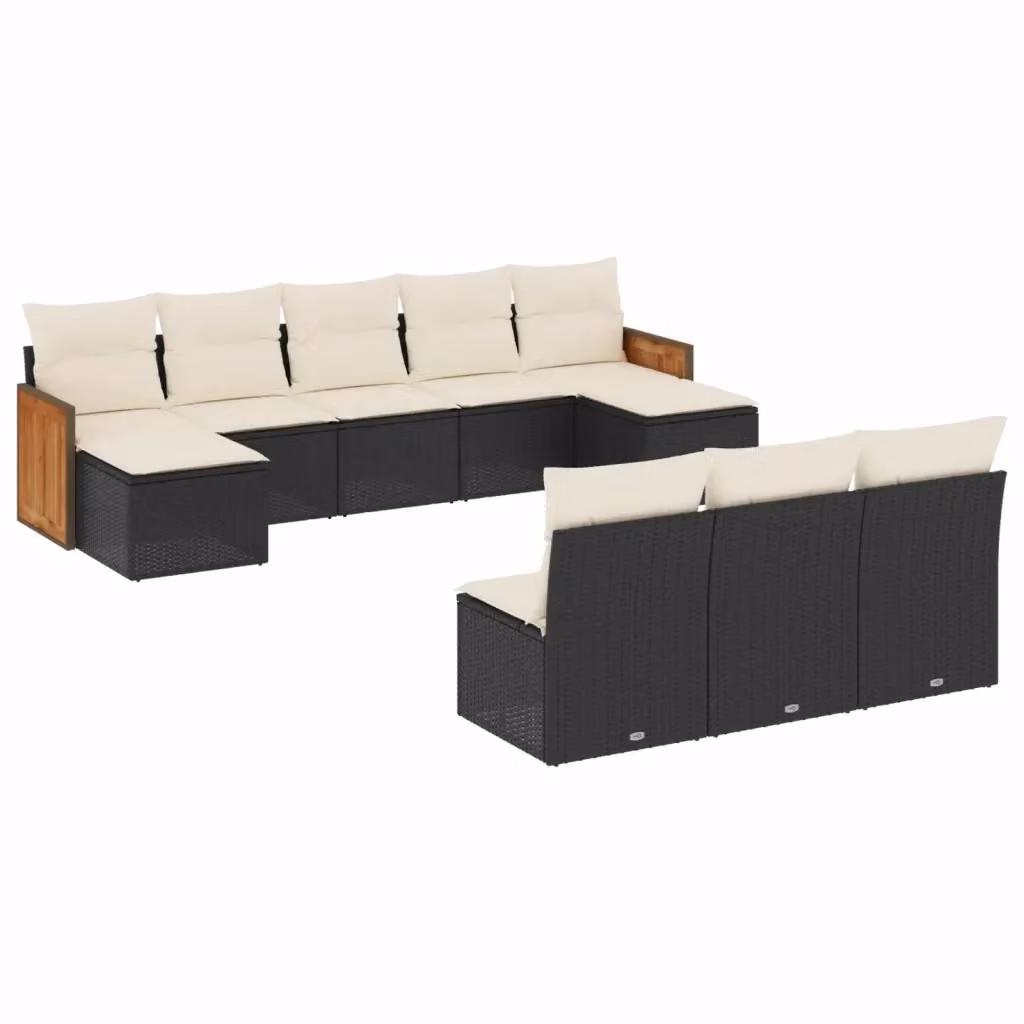 Set di divani da giardino vidaXL a forma di L con cuscini, polyrattan e struttura in acciaio nero e legno di acacia – 2