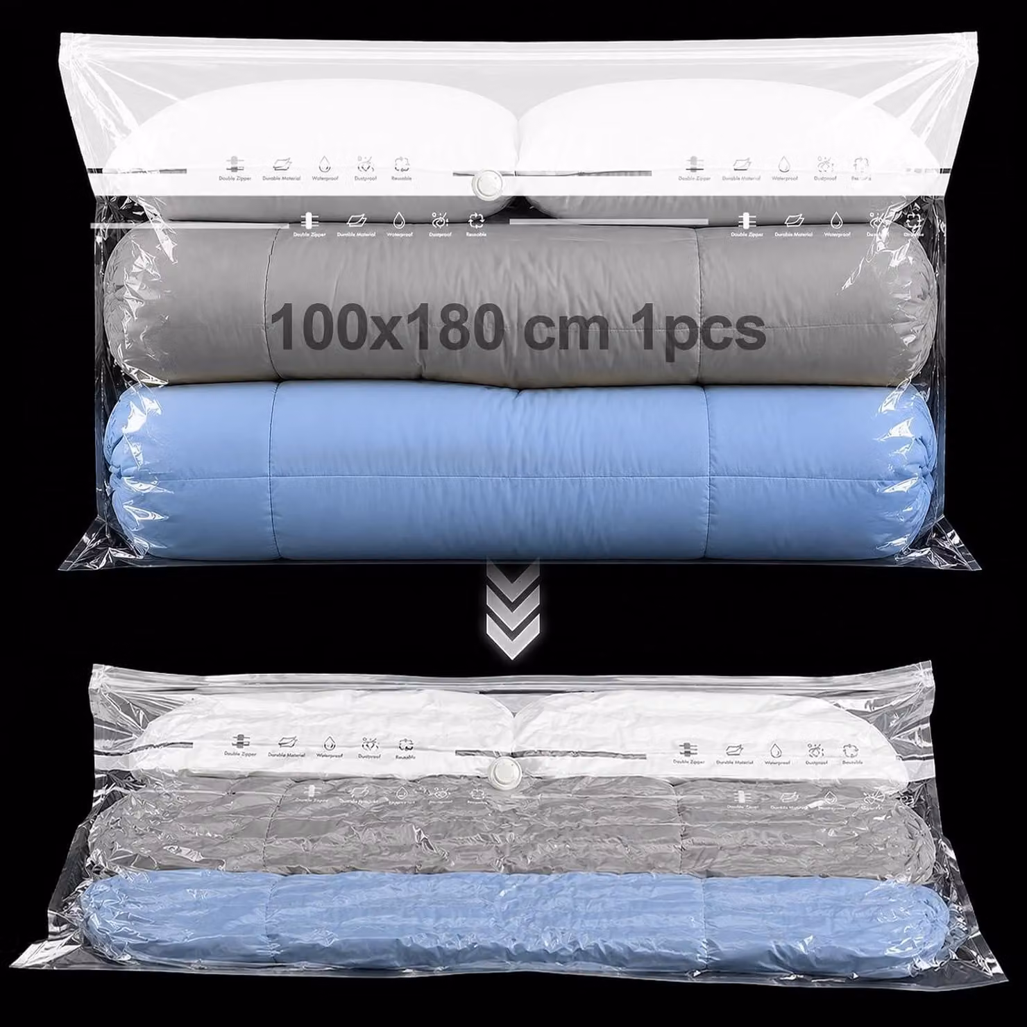 Sacchetti sottovuoto per piumoni, dimensioni 100 x 180 cm, riutilizzabili, senza pompa