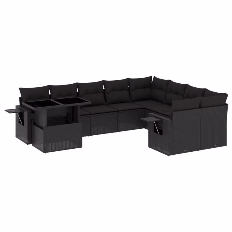 Set Divani da Giardino 10pz con Cuscini in Polyrattan Nero