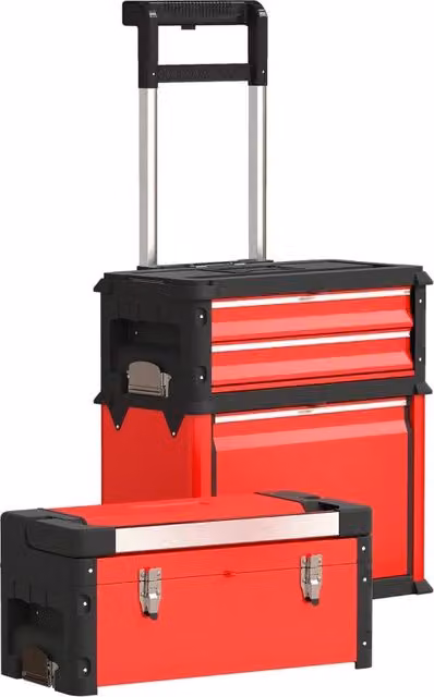 Carrello officina in acciaio rosso con maniglia, vuoto, include 3 unità modulari. Carrello portautensili su ruote per organizzazione.