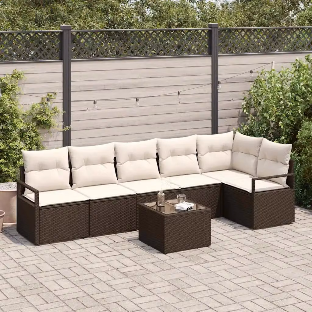 Set di divani da giardino vidaXL in rattan marrone con cuscini e tavolino da esterno – 1