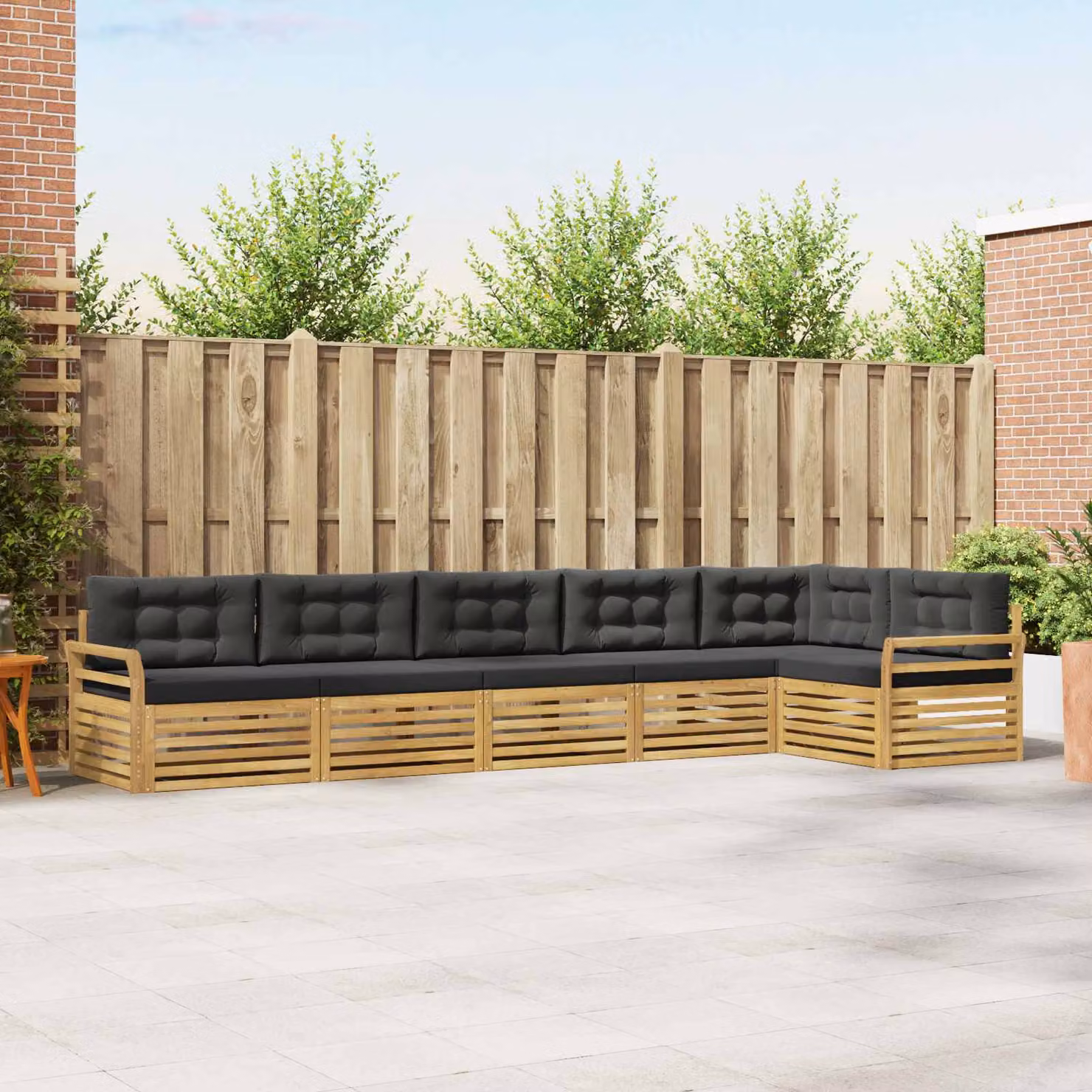 Set di divani da esterno vidaXL 6 pz a forma di L in legno di acacia con cuscini bianchi e antracite