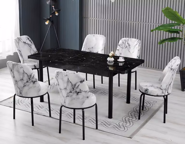 Tavoli da pranzo, set da pranzo, sedie, design moderno, forma rettangolare, colori nero e bianco