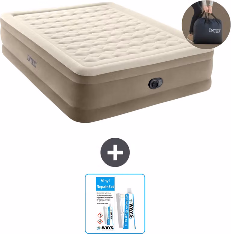 Intex Airbed - 2 persone - 152 x 203 x 46 cm - Beige - Pompa inclusa - Kit di riparazione