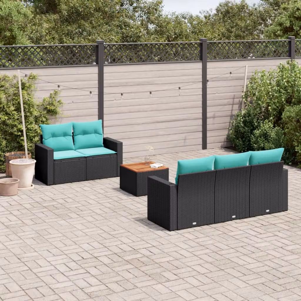 Set di divani da giardino vidaXL in 6 pezzi con cuscini in polyrattan e legno di acacia nero – 1