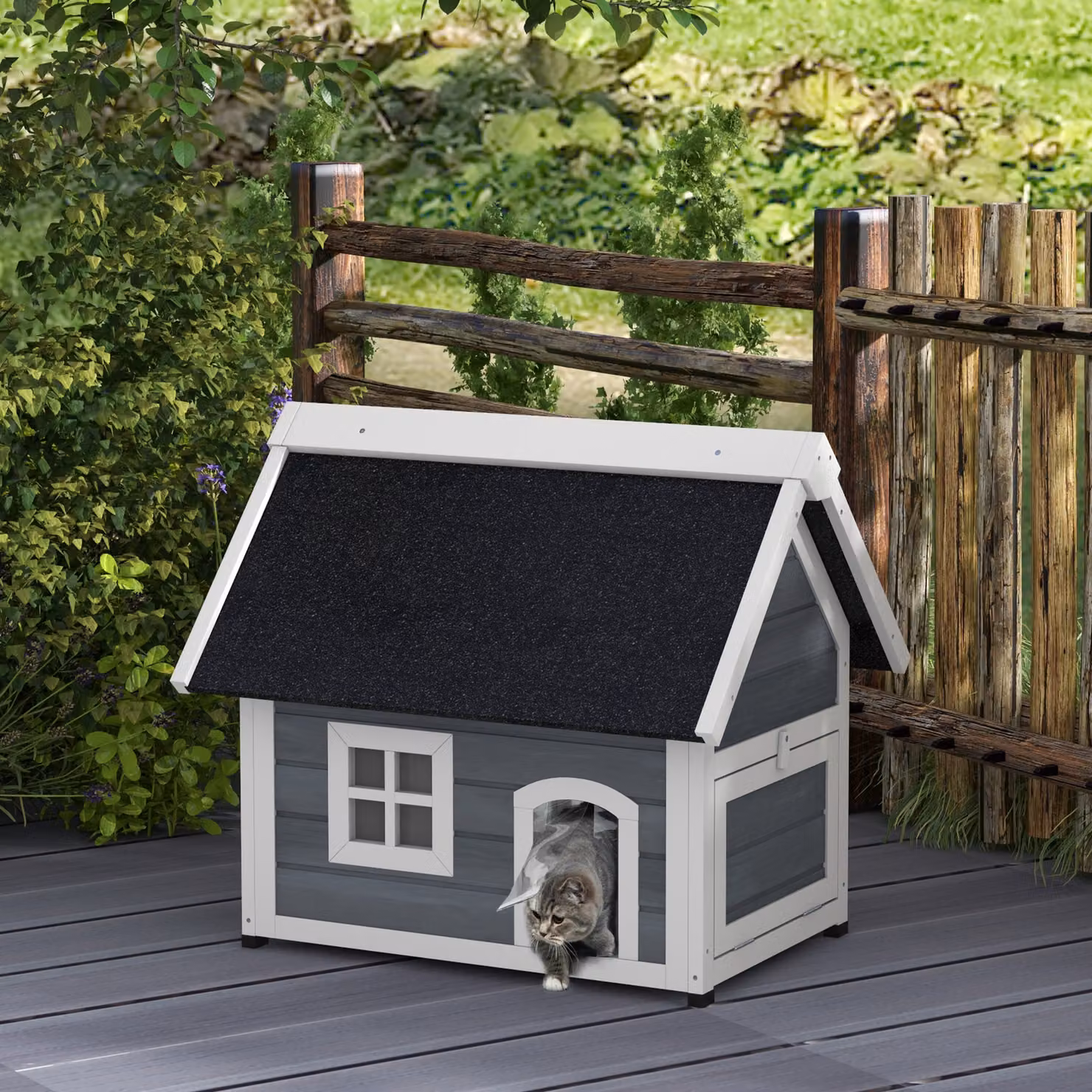 Casetta per gatti PawHut in legno resistente alle intemperie con finestra, Grigio/Bianco/Nero, L: 77 cm, P: 57,5 cm, H: 68 cm – 2