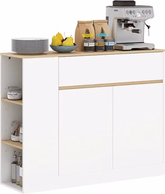 Credenza madia con cassetto anta e 3 vani aperti mobile contenitore bianco e legno per casa soggiorno cucina 106 x 30 x 81,2cm