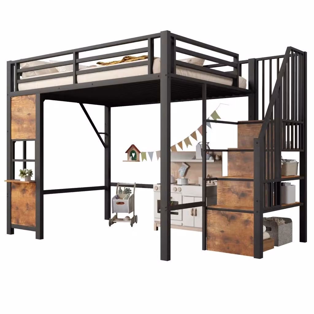 Letto a soppalco singolo con scala contenitore e spazio aperto in metallo e MDF, colore nero, L/P: 140 x 200 cm – 2