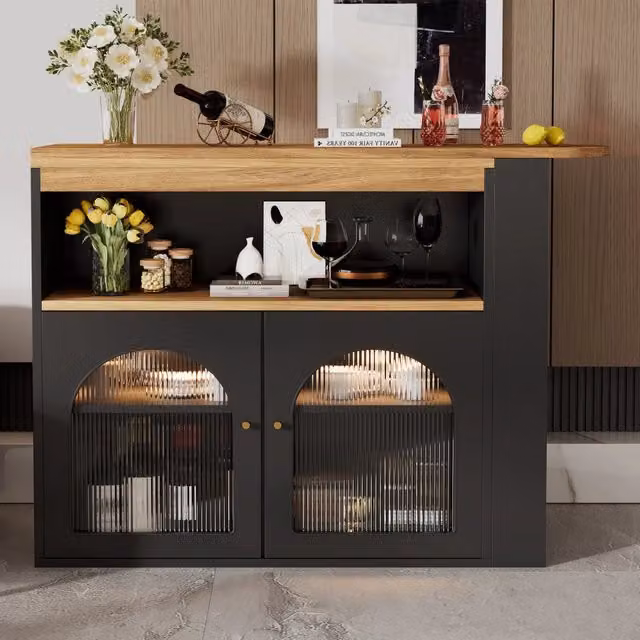 Tavolo da pranzo allungabile con ripiani laterali, LED regolabile e piano girevole, nero, 138–193 × 39 × 105 cm