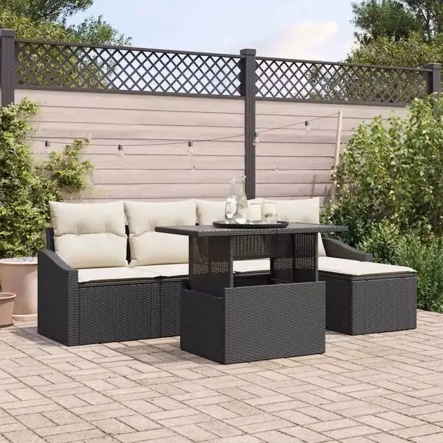 Set Divano da Giardino 6 pz Nero e Crema polyrattan 3357720