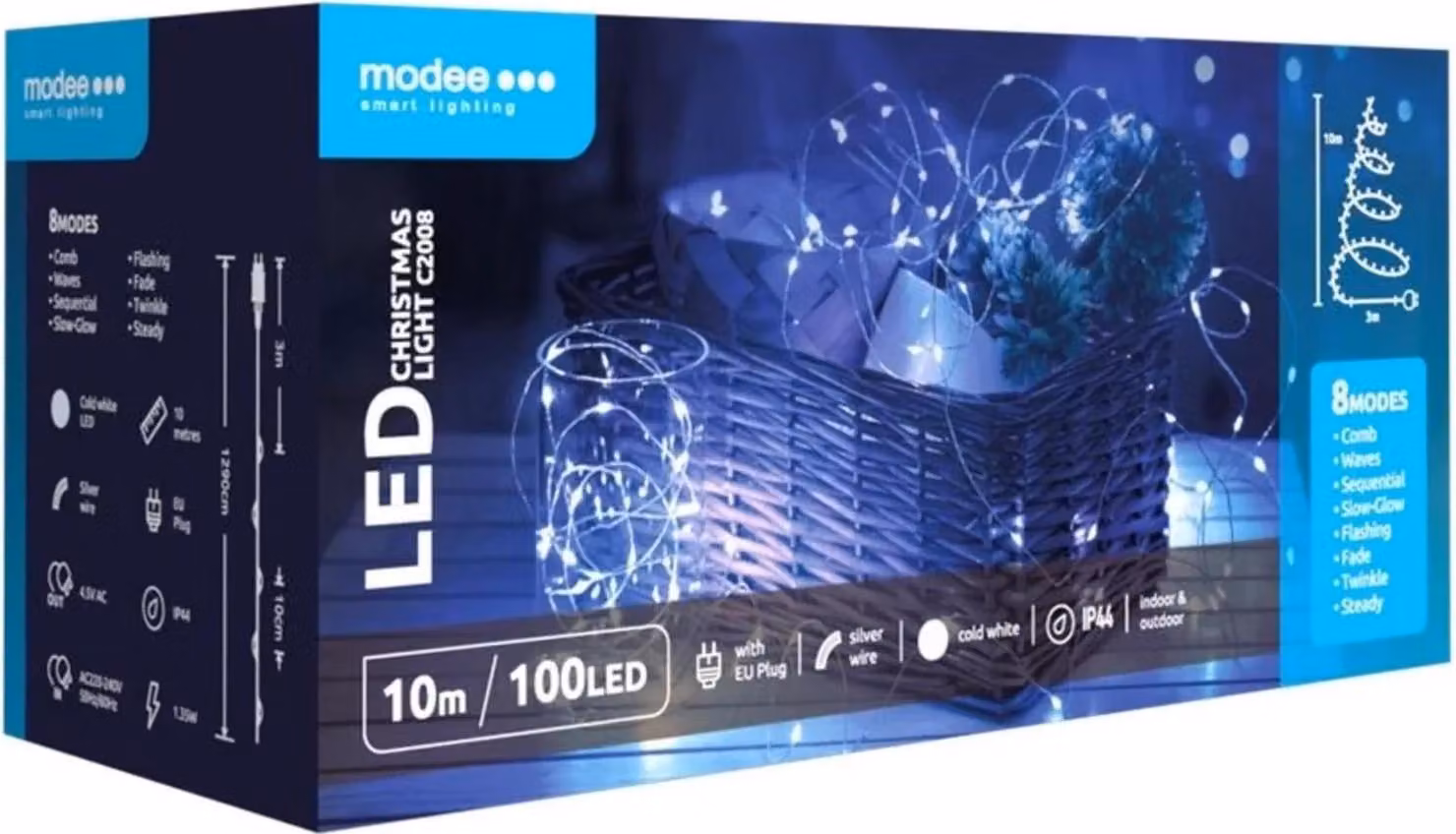 Modee Lighting Catena di Natale a LED 100 LED 10m bianco freddo Cooper