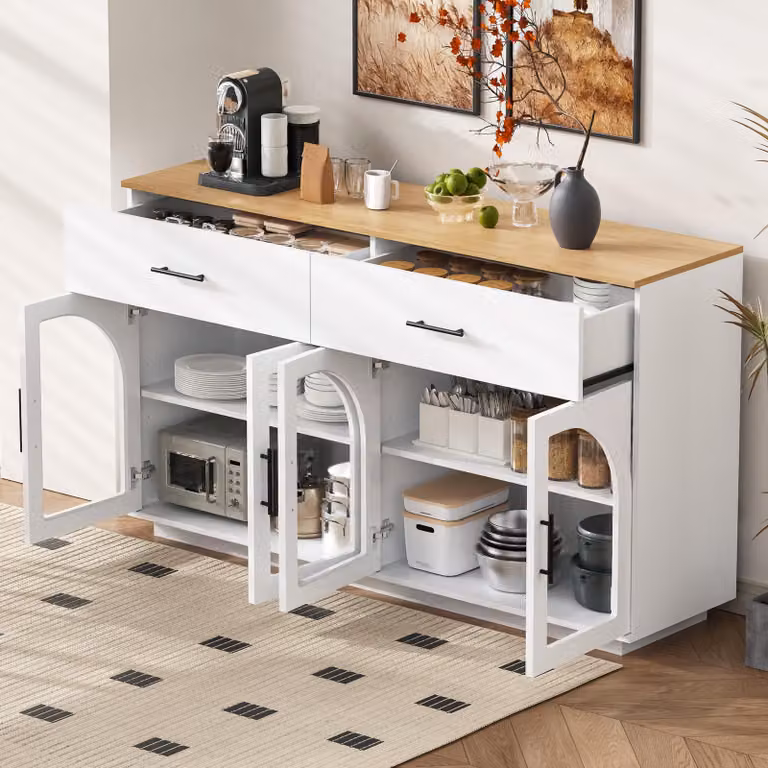 Mobile contenitore laterale STILVORA con striscia LED e piano di lavoro, armadietto da cucina con 2 cassetti e 4 ante, credenza con ripiani interni per stoviglie e provviste