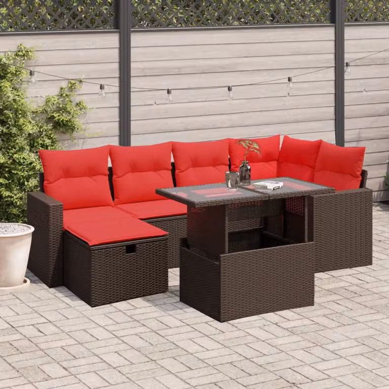 Set Divani da Giardino vidaXL 7 pz a Forma a L con Tavolino e Pouf, Polyrattan Marrone e Struttura in Acciaio Verniciato a Polvere con Cuscini Rimovibili