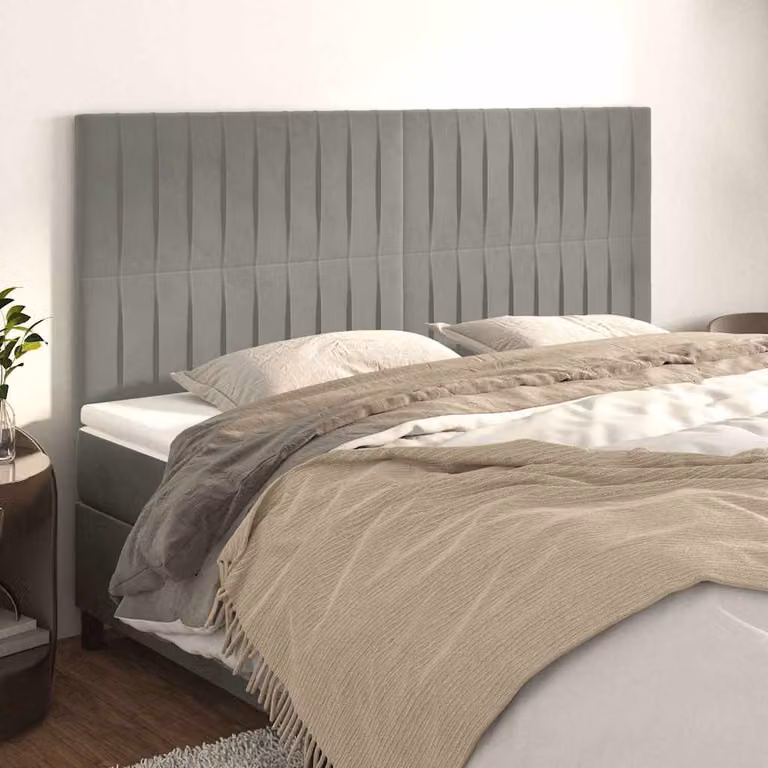 Testiera per letto vidaXL in velluto grigio chiaro con struttura in legno e MDF, L: 180 cm, P: 5 cm, H: 118/128 cm