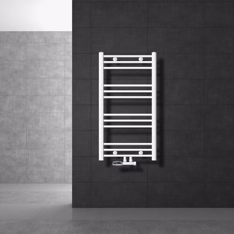 LuxeBath radiatore da bagno attacco centrale 500 x 800 mm bianco dritto con termostato e set di collegamento angolo muro bianco - riscaldamento a radiatori, senza elemento riscaldante