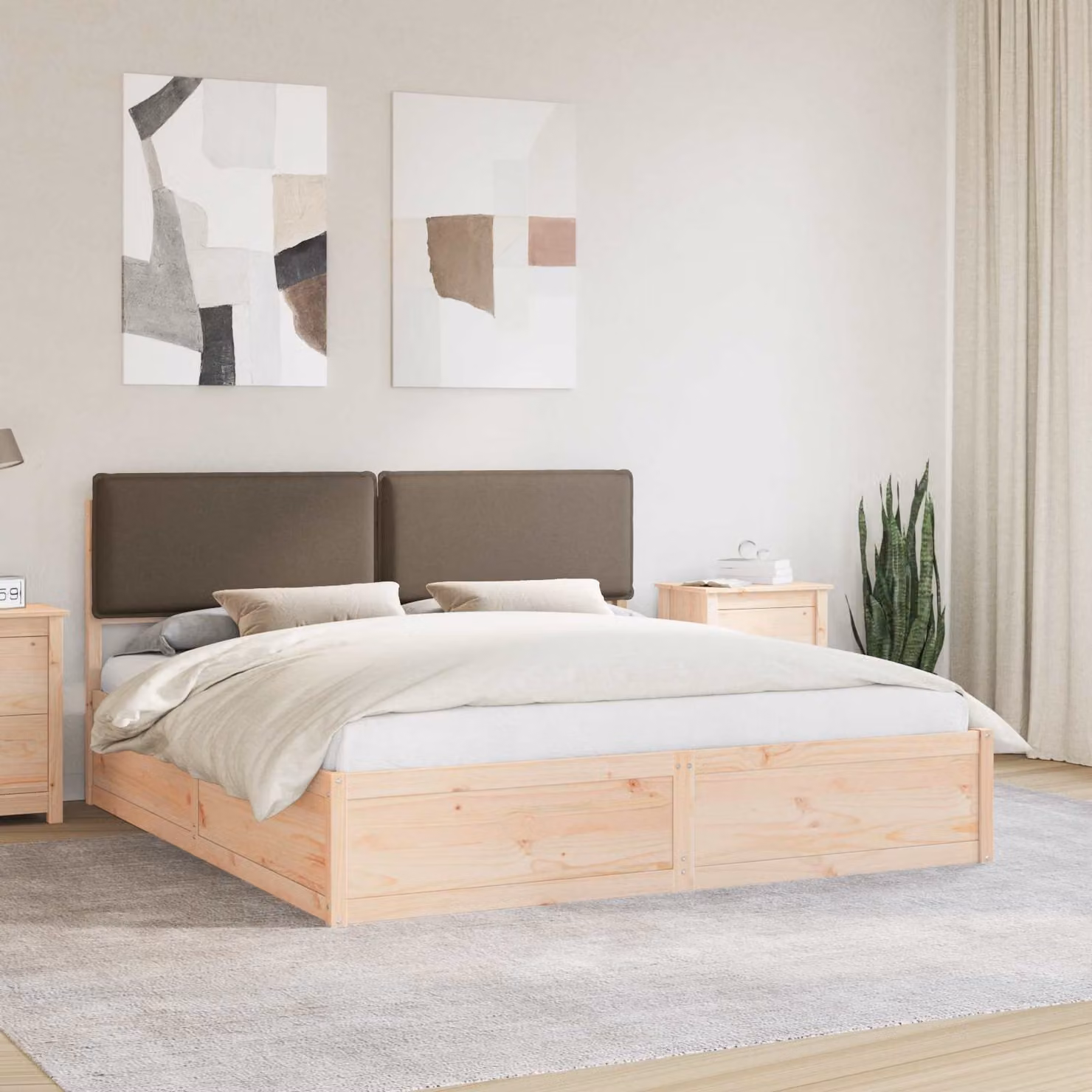 Letto con Testiera Rivestita vidaXL in Pino Massello, Colore Beige o Grigio, L/P: 180 x 200 cm – 1