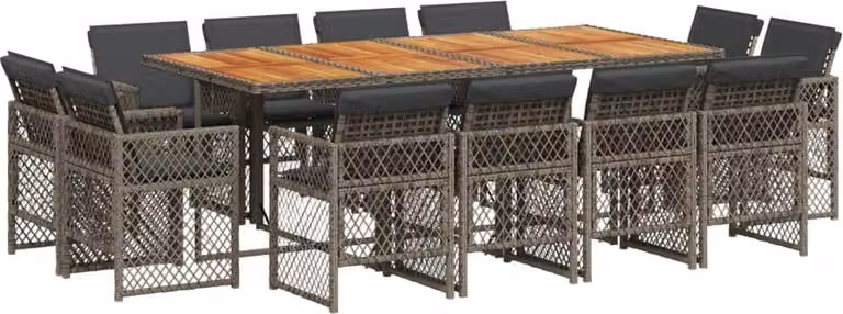 Set da Pranzo da Giardino 13pz con Cuscini Grigio in Polyrattan