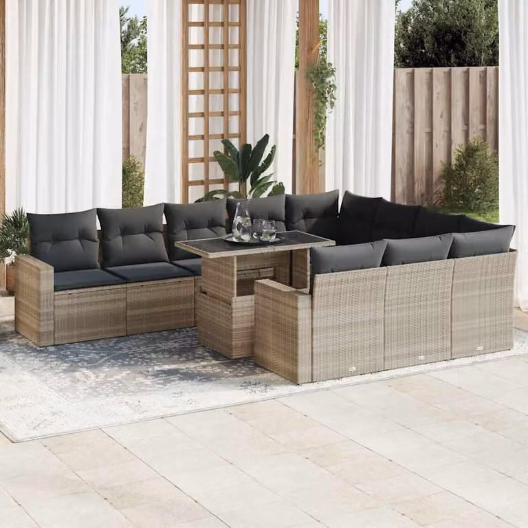 Set Divani da Giardino vidaXL 11 pz in Polyrattan Grigio con Cuscini e Tavolino da Esterno