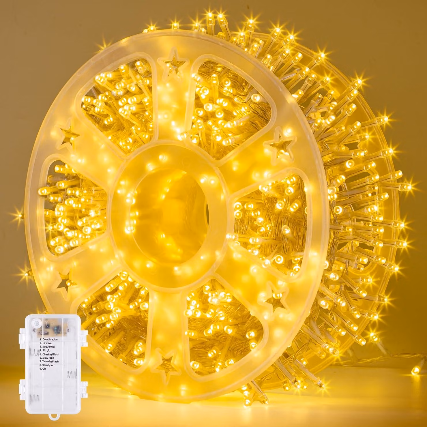 Catena luminosa da 25 metri, con 1000 LED, alimentata a batteria, luce bianco caldo, timer, 8 modalità