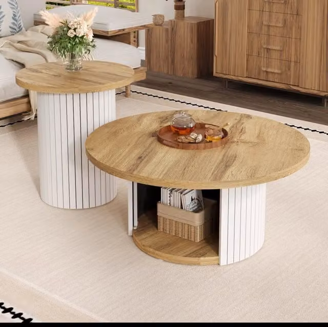Set di tavolini rotondi in MDF naturale, tavolo da salotto multifunzionale 75x75x50 cm + 45x45x35 cm