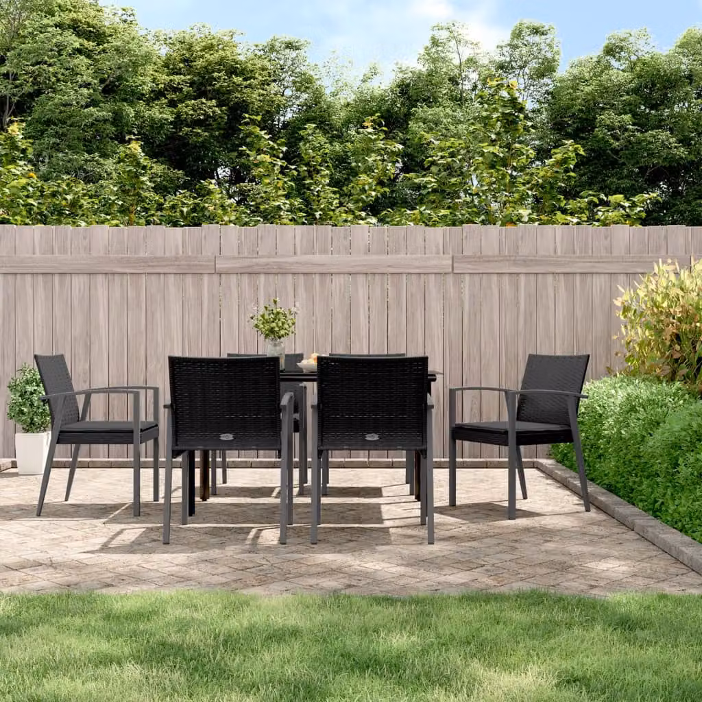 Set Pranzo da Giardino vidaXL in Polyrattan e Acciaio con Cuscini, 7 Pezzi, Nero e Grigio, Tavolo Rettangolare con Piano in Vetro