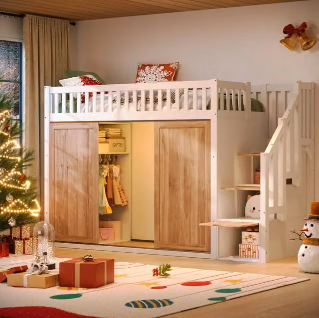 Letto a soppalco per bambini 90x200 cm con armadio, scala contenitore e LED bianco e rovere