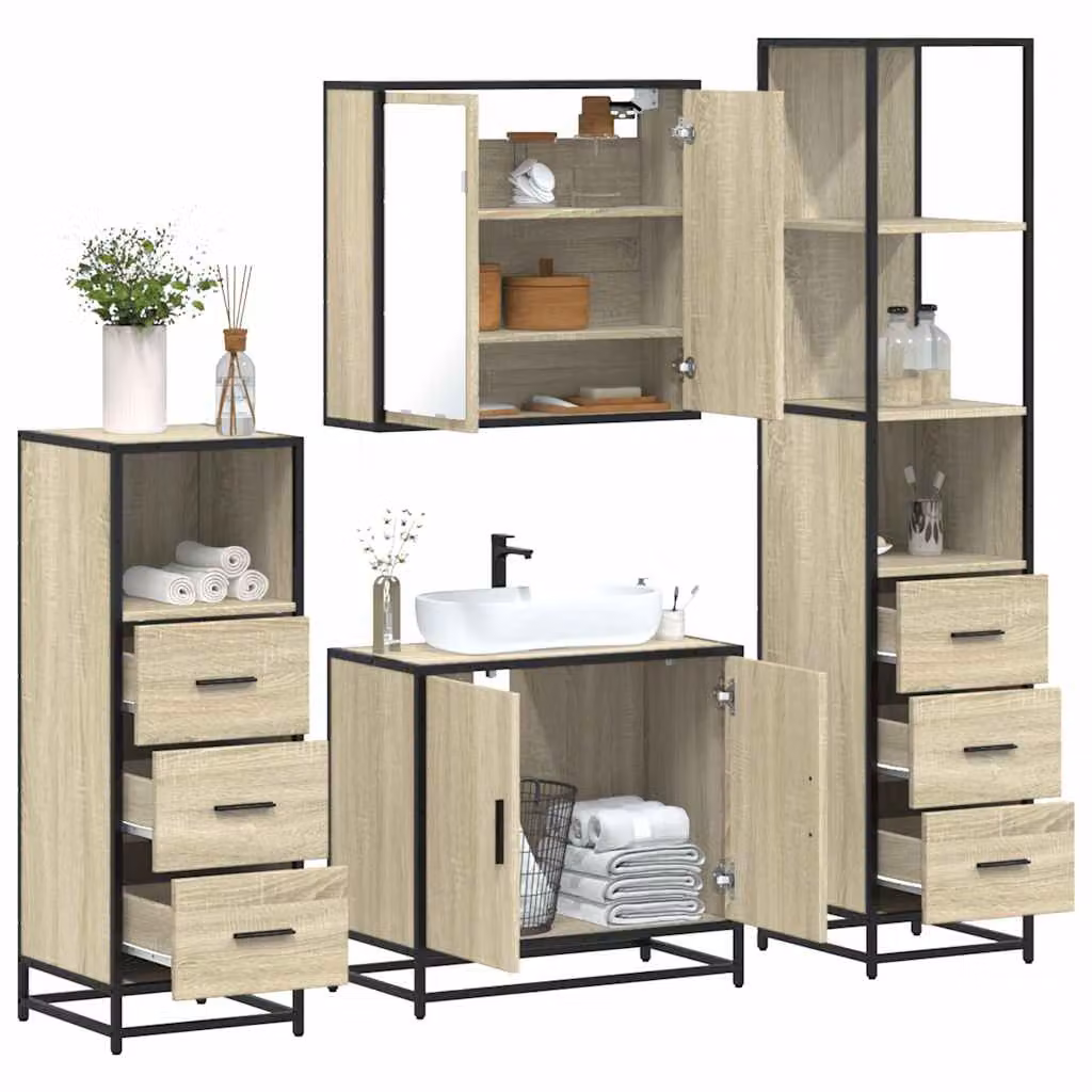 Set di mobili da bagno industrial vidaXL in legno e metallo, 4 pezzi, colore marrone e beige