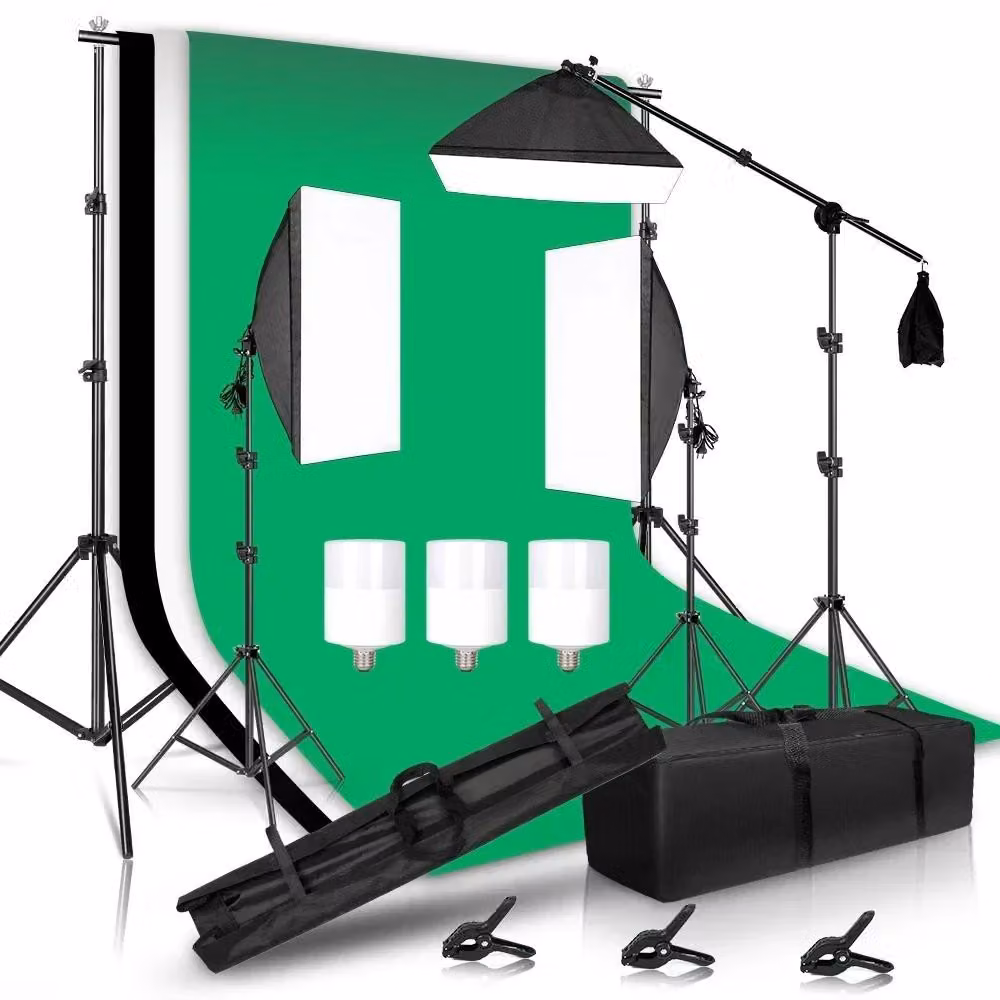 Kit per fotografia con illuminazione, treppiede regolabile, diversi sfondi, set completo per studio fotografico