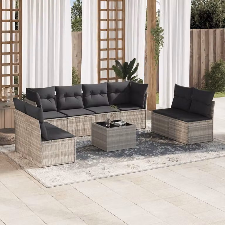 vidaXL Set Divano da Giardino a L con Tavolino e Ottoman, 9 Pezzi, Grigio