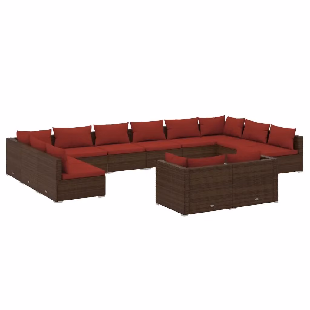 Set di Divani da Giardino a Forma di U vidaXL con Cuscini Marroni e Rossi in Polyrattan e Metallo – 2