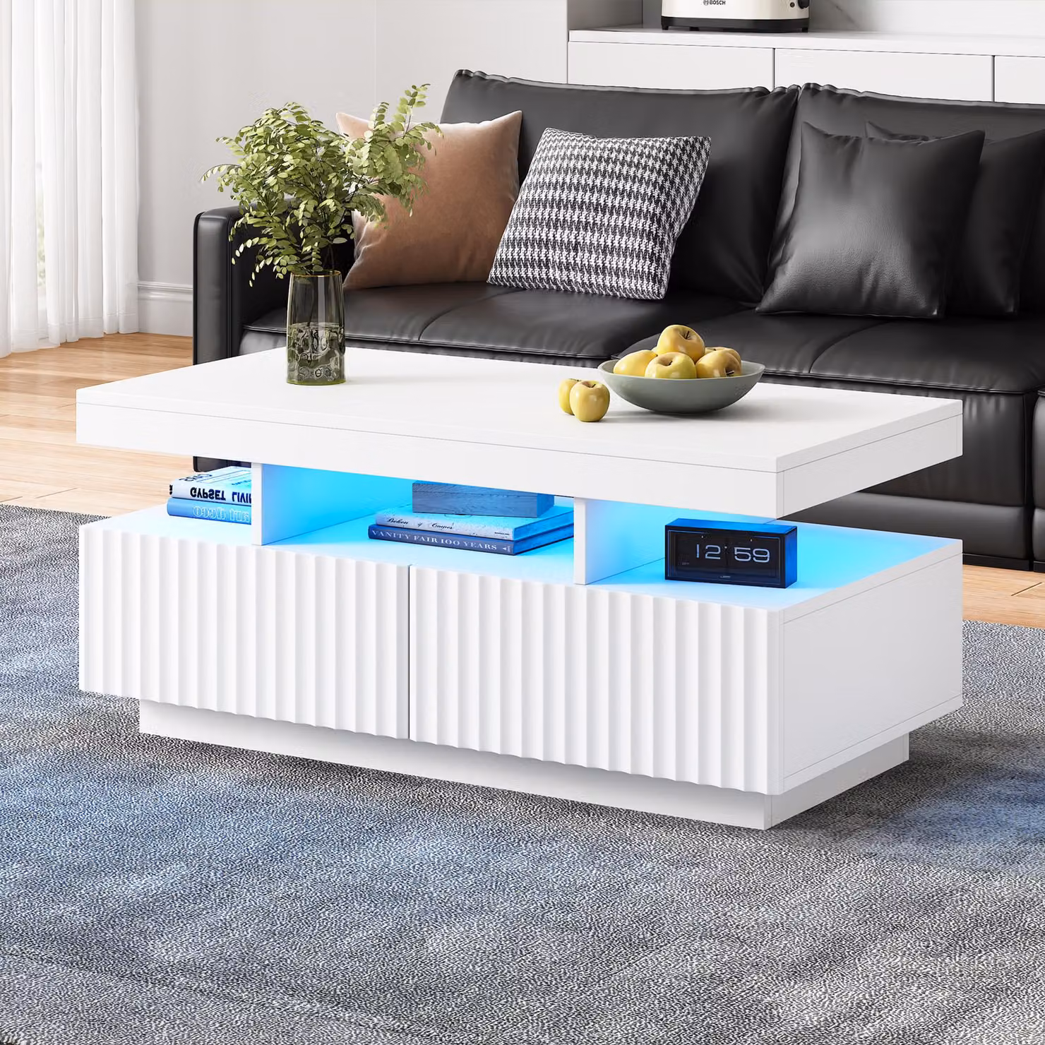 Tavolino da divano, dimensioni 100 x 50 x 45 cm, realizzato in pannello di fibra di legno (PB) al 100%, colore bianco, dotato di 2 cassetti, vano centrale aperto e striscia LED controllabile tramite app